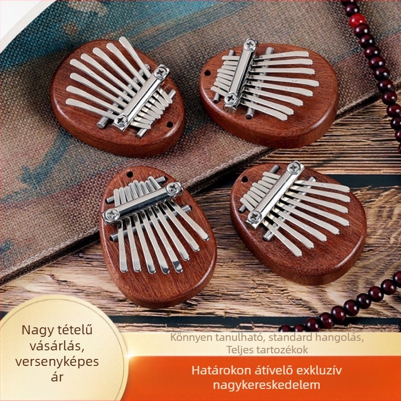 Sarah 8-tónusú kalimba – kompakt, hordozható ujjkalimba papírdobozos csomagolással, gyöngyös nyakpánttal és fém lánccal