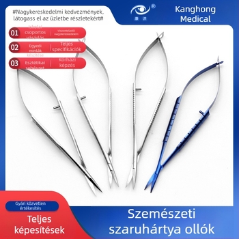 Szemészeti szaruhártyaolló – mikroszurgiai eszközök, egyenes és görbe pengékkel; rozsdamentes acél és titánötvözet, Kang Hong márka