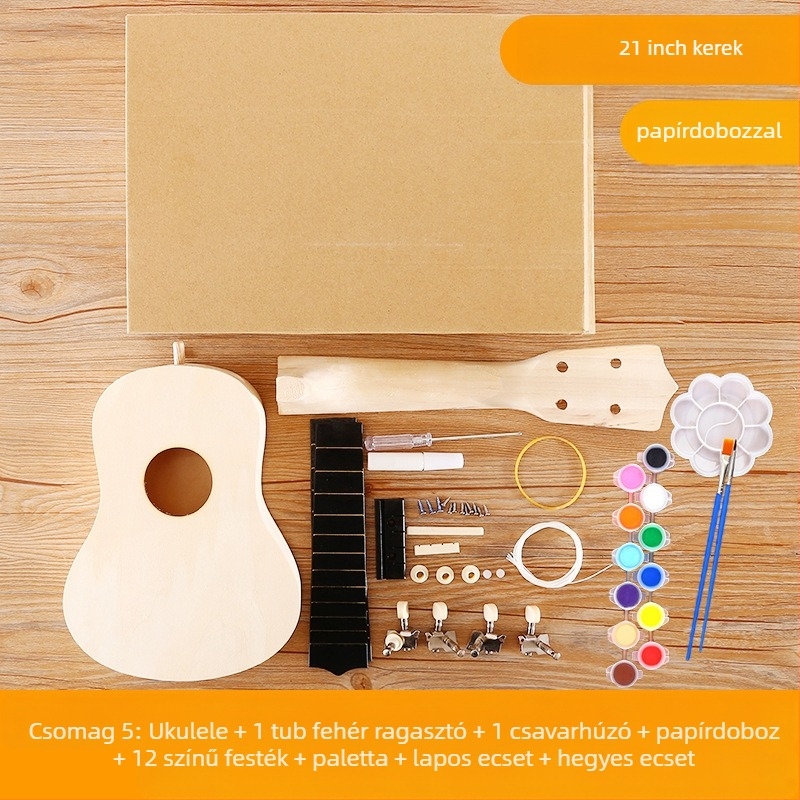 Fából készült DIY ukulele gyerekeknek — összeállítható hangszer, Xiao Caidi márka, támogatja a szülő-gyermek kommunikációját