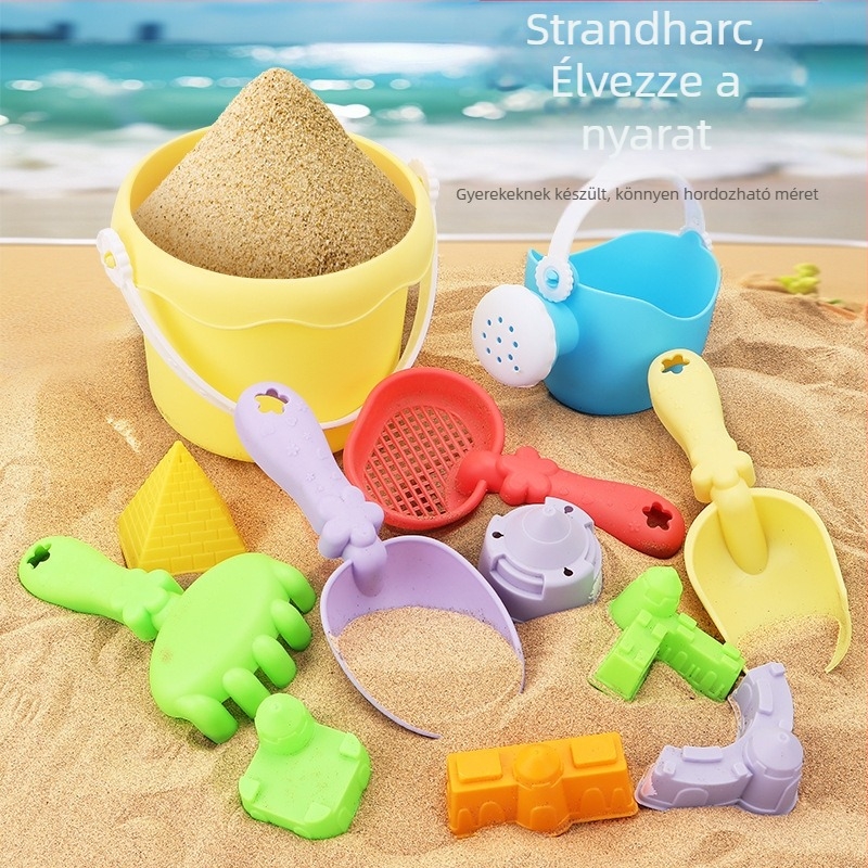 Parti homokozó készlet összecsukható vödörrel, lappával és homokóra kiegészítőkkel – műanyagból, 4–6 éveseknek