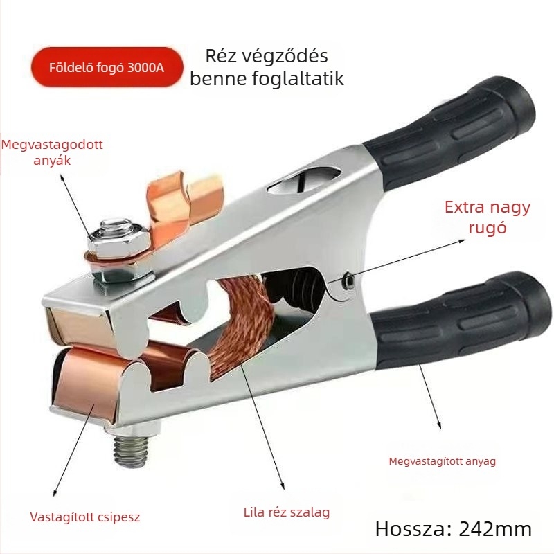 Argon ívhegesztéshez földelőcsipesz, 500–1000 A, vastagabb kivitel, pneumatikus működtetés, forró levegővel és infravörös sugárzással történő melegítés