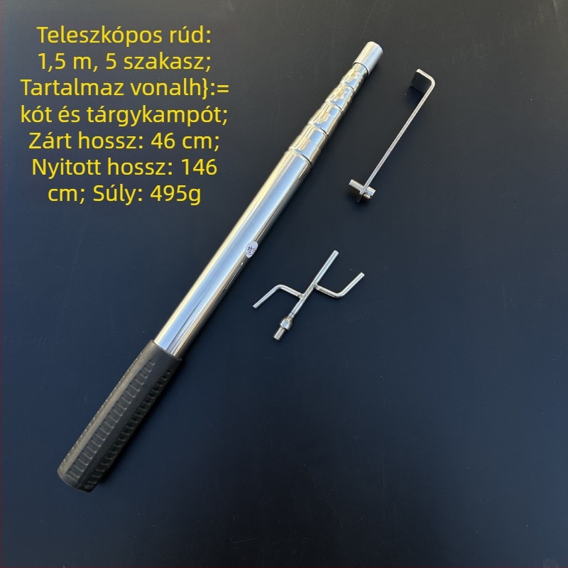 Rozsdamentes acélból készült teleszkópos ruharúd kampókkal, ponyvákhoz és kültéri használathoz magasban