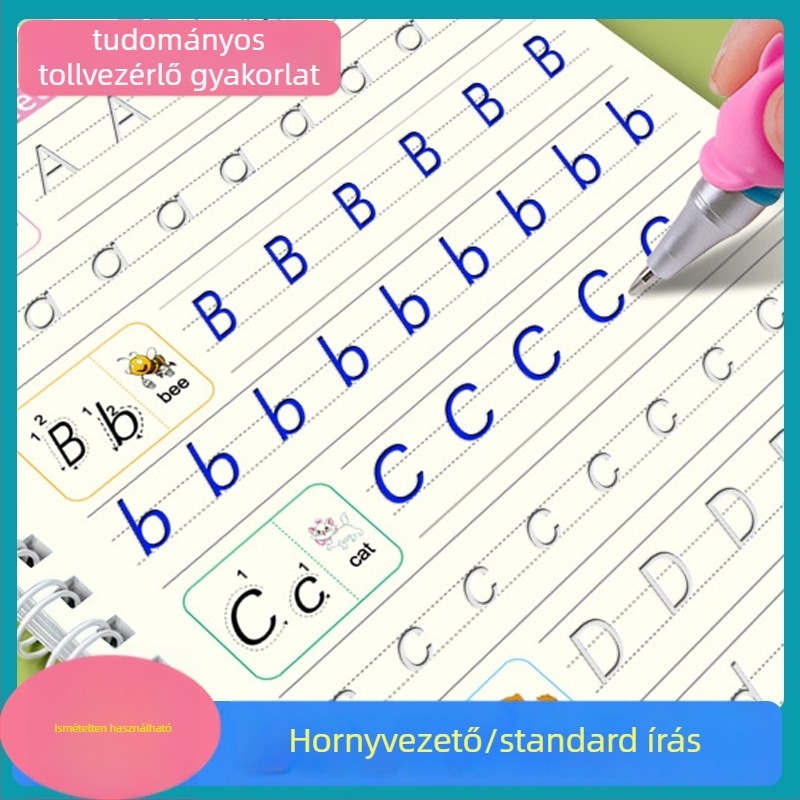 Bekarikolt tollírás gyakorlófüzet angol gyerekeknek — Ecchi, sorozat: English children practice copybook; anyag: fehér karton; tinta: gyenge oldószerrel kompatibilis tinta; IP engedély: Nem (Brand: Ecchi; Series: English children practice copybook; Materia