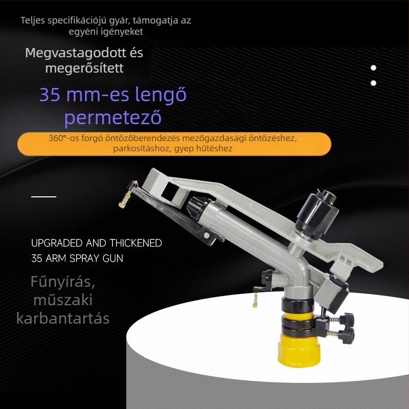 Öntözőpisztoly alumínium ötvözetből, 360°-os forgás, automata forgó atomizáció, hosszú kinyúlás és magas emelkedési szög a kultúrák és tájépítés öntözésére