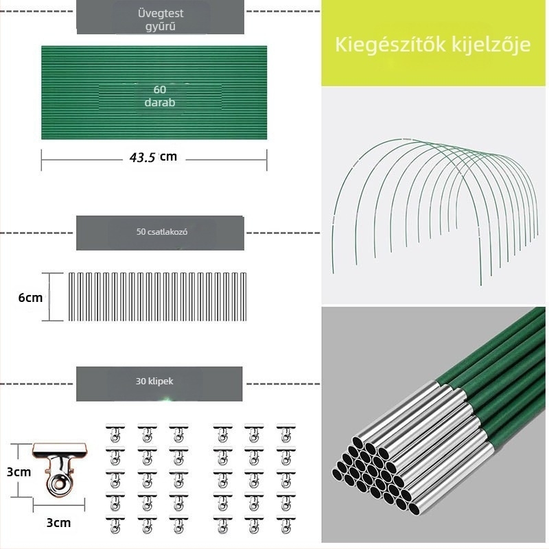 Kertészeti üvegházi ív-tartó készlet üvegszál és rozsdamentes acél rudakból (műanyag bevonatú rostos rudak)
