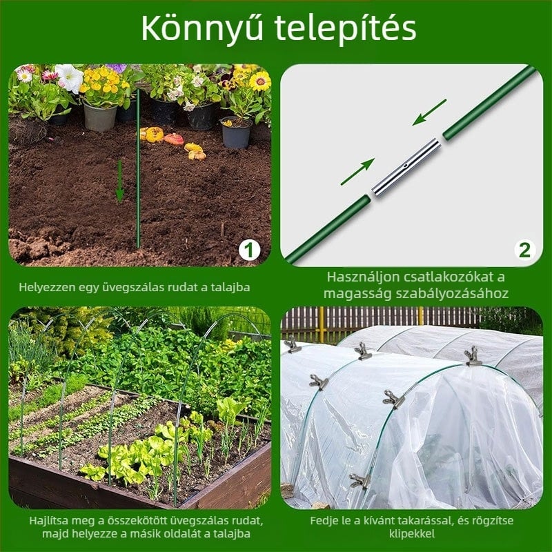 Kertészeti üvegházi ív-tartó készlet üvegszál és rozsdamentes acél rudakból (műanyag bevonatú rostos rudak)