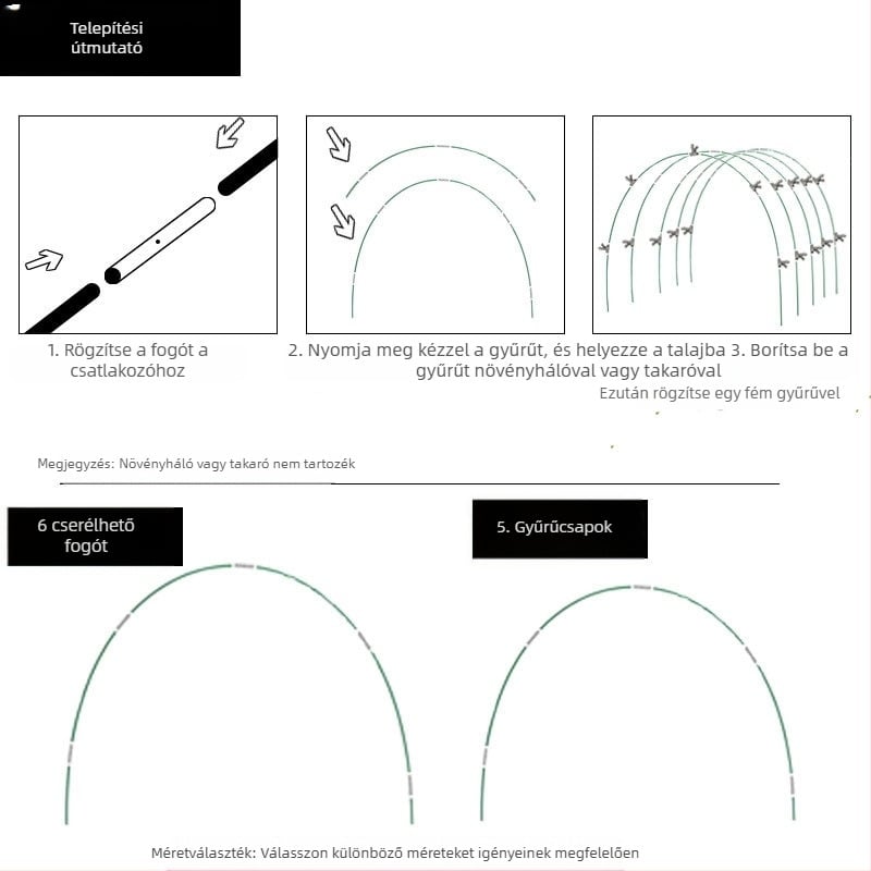 Kertészeti üvegházi ív-tartó készlet üvegszál és rozsdamentes acél rudakból (műanyag bevonatú rostos rudak)