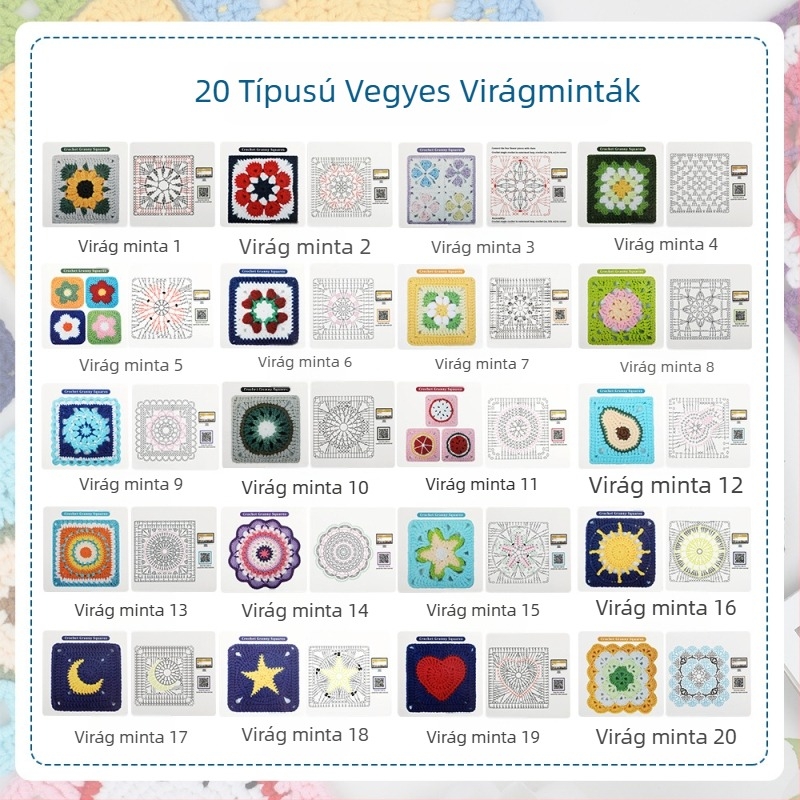 Kötéskészlet illusztrált útmutatóval 20 darab granny plaid – Zuo Man, modern stílus, 250 g, 100 darabos doboz