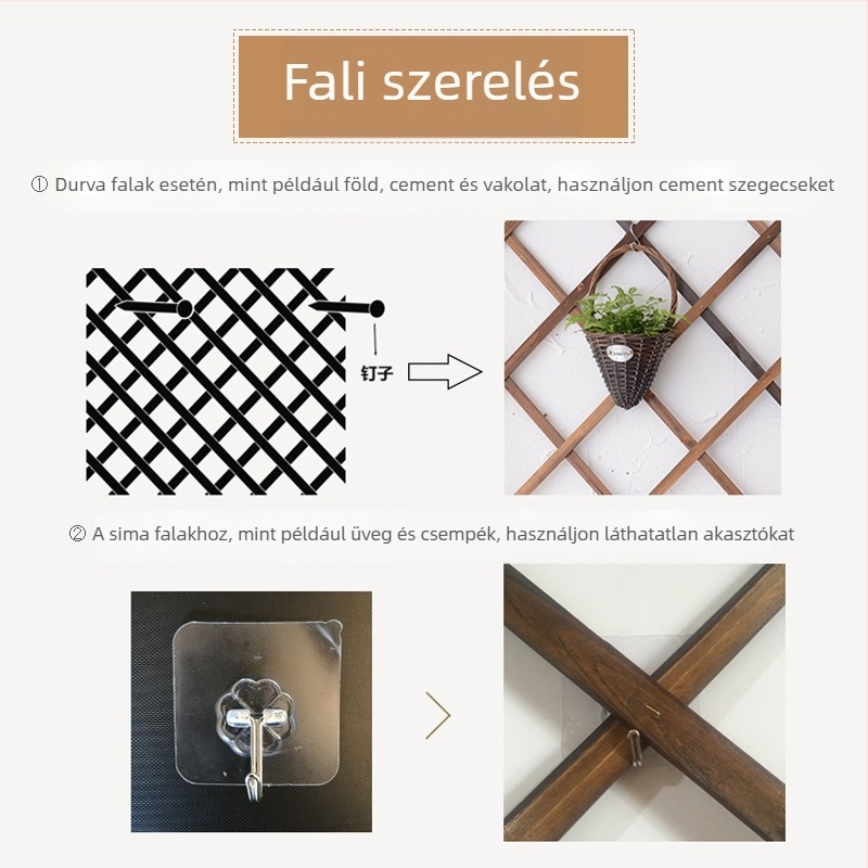 Kültéri falra szerelhető növénytartó állvány és kapaszkodó kerítés korrózióálló fából, erkélyre és kertbe. Termékkód Tb-635814615018