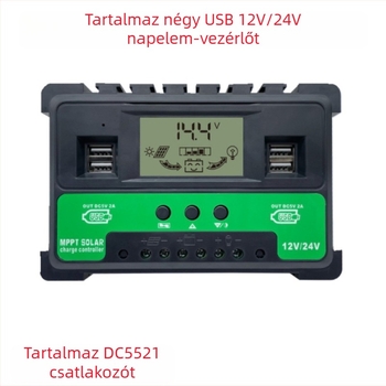 PWM napelemes töltésvezérlő USB-portokkal, áramkijelző, 12V-24V, 30A/40A/50A