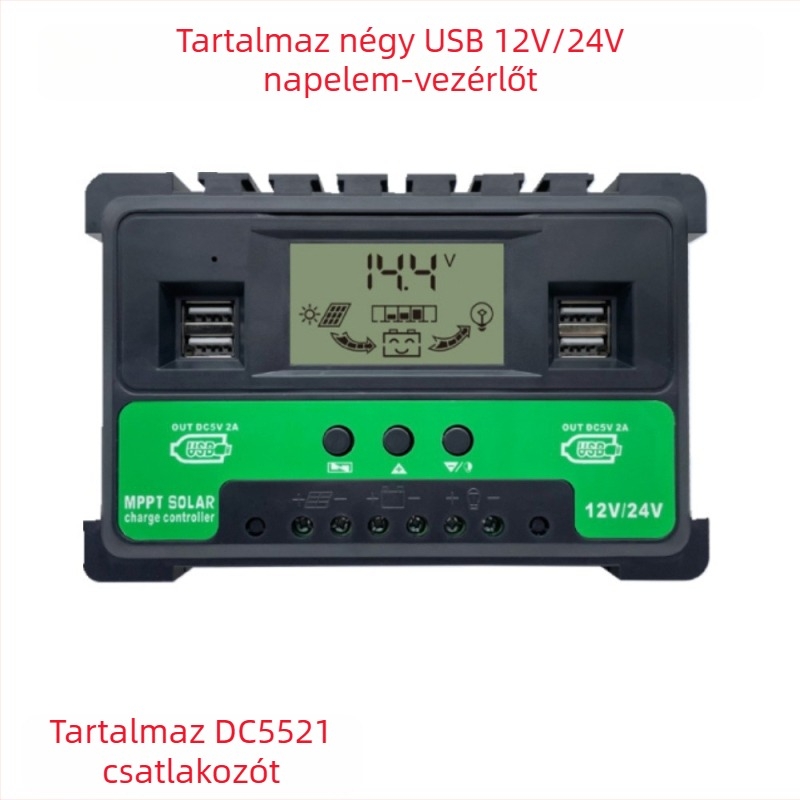 PWM napelemes töltésvezérlő USB-portokkal, áramkijelző, 12V-24V, 30A/40A/50A