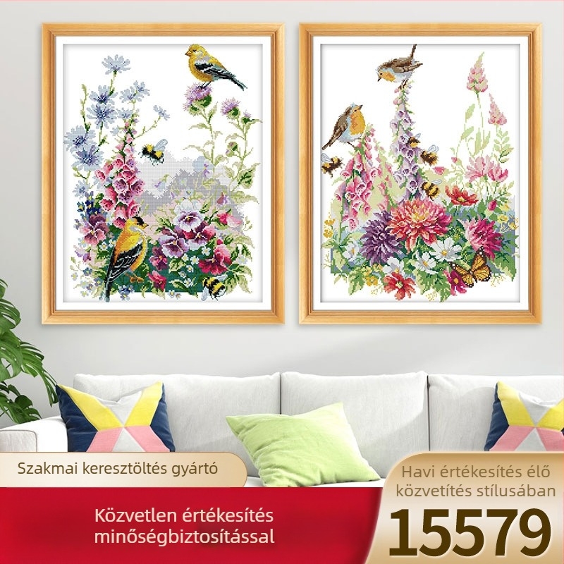 Keresztöltés készlet: madár és virág motívum, 11CT vászon, ökológiai pamut anyag, nappalihoz, hálószobához és gyerekszobához