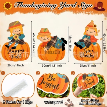 Thanksgiving tökös kertjelző karóval, UV nyomtatású PP üreges táblán, esőálló kerti dekoráció