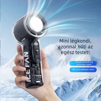 Kézben tartható hűtőventilátor, hordozható USB töltéssel, beépített akkumulátor, 6 sebesség, átlátszó burkolat, brushless motor