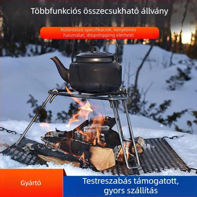 Hordozható összecsukható háromszög edény-tartó kempingezéshez
