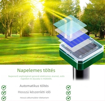 Napelemes ultrahangos többfajta kártevő elleni riasztó a kerthez – patkányok, kígyók, madarak, rovarok és macskák; Feszültség 1,2 V; Ultrahangos intervallum 20 s; Burkolat ABS+PP