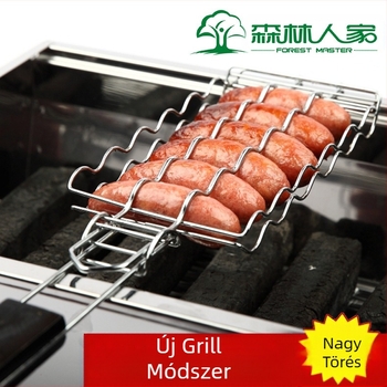 Kolbász alakú vas grillező háló, elektroplakolt felülettel, hordozható