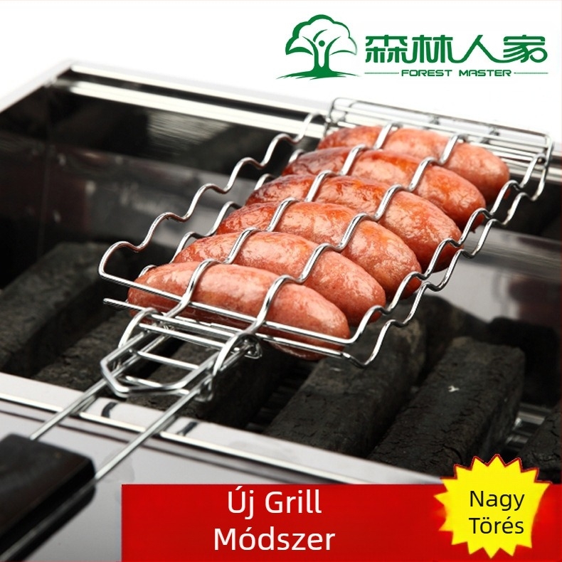 Kolbász alakú vas grillező háló, elektroplakolt felülettel, hordozható