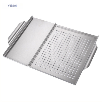 Rozsdamentes acél négyszögletes grill tál, 430-as, 2 az 1-ben sütés és zöldségekhez, hordozható, könnyen tisztítható, 1,08 kg