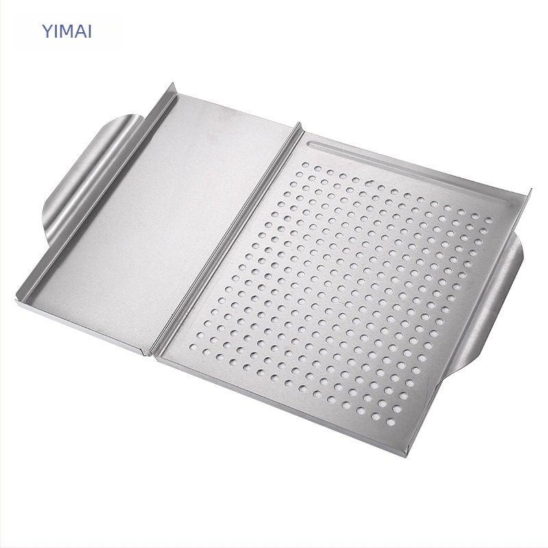 Rozsdamentes acél négyszögletes grill tál, 430-as, 2 az 1-ben sütés és zöldségekhez, hordozható, könnyen tisztítható, 1,08 kg