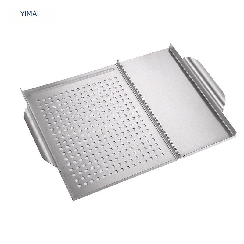 Rozsdamentes acél négyszögletes grill tál, 430-as, 2 az 1-ben sütés és zöldségekhez, hordozható, könnyen tisztítható, 1,08 kg