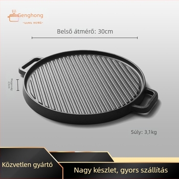 Öntöttvas kettős oldalú grillsütő serpenyő; gáztűzhelyhez és indukciós főzőfelülethez kompatibilis; mélység 2,5 cm; több rétegű alj.