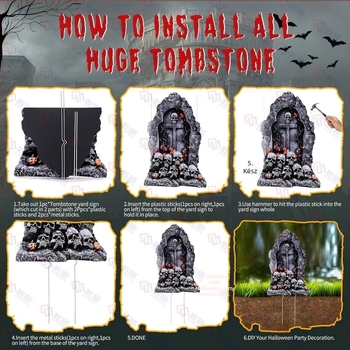 Halloween sírkő alakú kertjelző, vízálló, nedvességálló, UV-álló