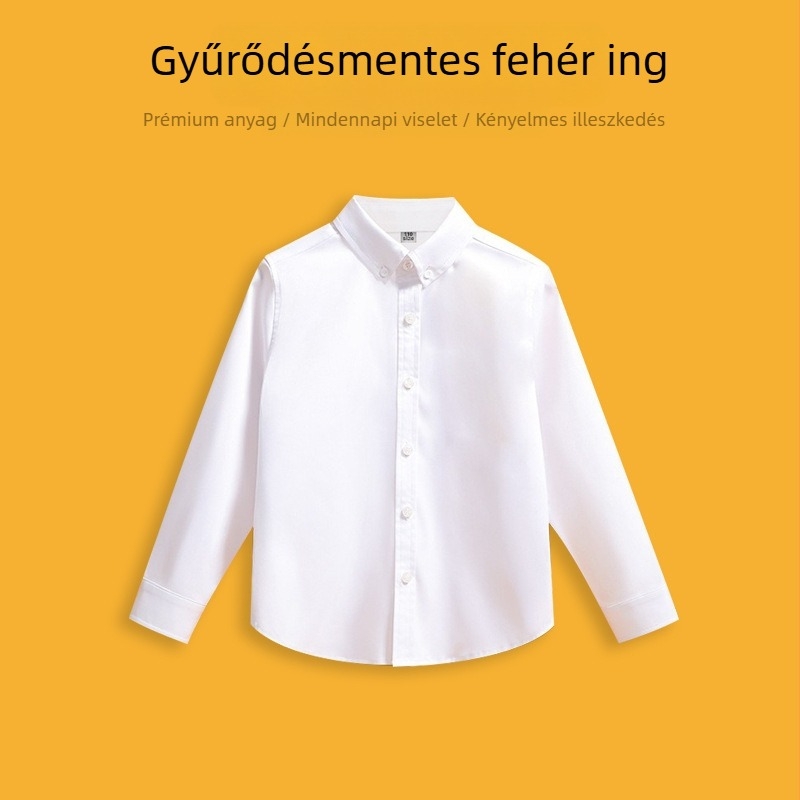 Gyerekeknek szóló uniszex ing, vasalásmentes, ránctalan, hosszú ujjú, rever gallér, 80% poliészter
