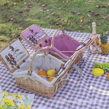 Pastorális stílusú fonott tároló kosár fedéllel, piknikhez, gyümölcsökhöz és nassolnivalókhoz