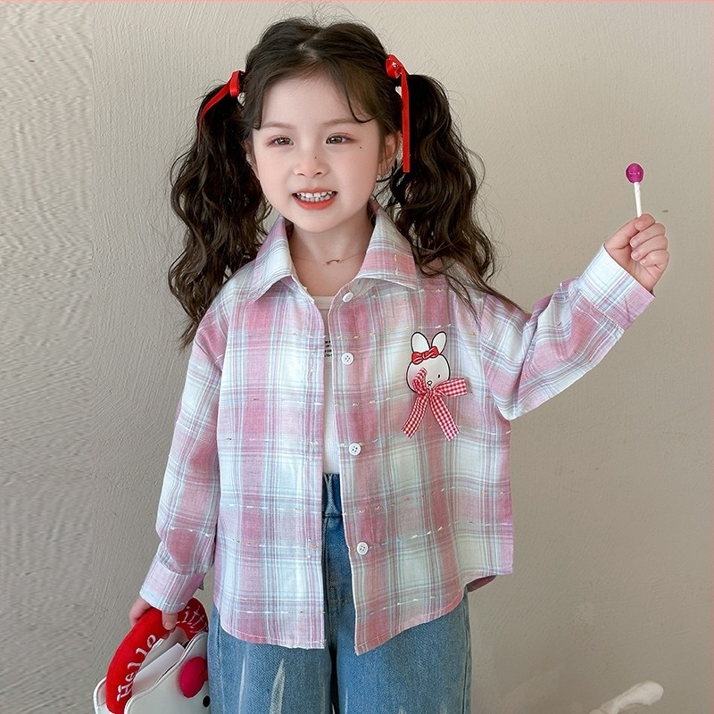 Lányoknak szóló ing-dzseki, koreai stílusú kockás mintával, hosszú ujjú, V-nyakú, pamut-keverék puha felülettel, 3–8 éveseknek