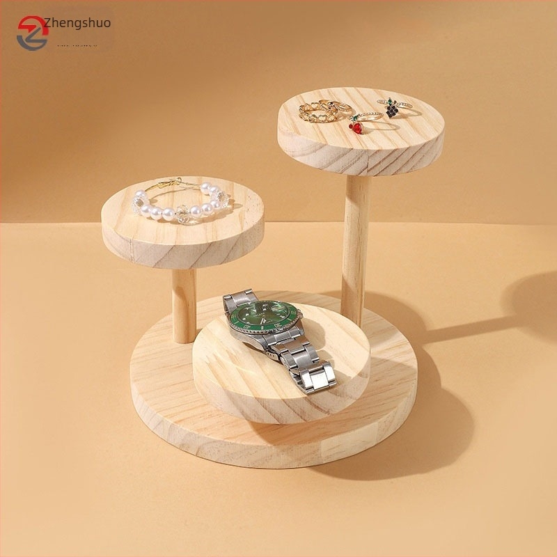 Tömörfa ékszer kiállító állvány, kör alakú, háromrétegű forgó, gyűrűk és órák számára