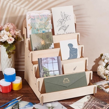 Fából készült asztali kártya- és posta tárolóállvány, 3 rétegű, asztali felületre szerelhető, modern minimál stílus, multifunkcionális