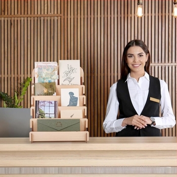 Fából készült asztali kártya- és posta tárolóállvány, 3 rétegű, asztali felületre szerelhető, modern minimál stílus, multifunkcionális