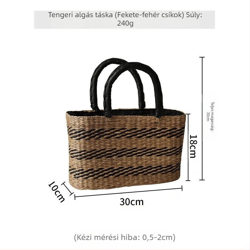 Nordikus ihletésű kézzel szőtt szalma kosár táska fedővel – kör alakú, pamut bélés, dupla vállpánt (Anyaga: Szalma; Stílus: Kosár-táska; Forma: Kör alakú; Záródás: Fedél; Bélés: Pamut)
