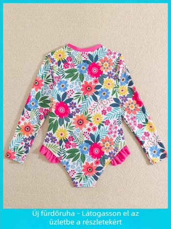 Lányoknak tervezett hosszú ujjú napvédő úszóruha, törött virág mintázat, 82% poliészter, 18% spandex bélés, 150 g súly, alkalmas úszásra és vízi sportokra