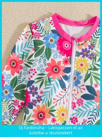 Lányoknak tervezett hosszú ujjú napvédő úszóruha, törött virág mintázat, 82% poliészter, 18% spandex bélés, 150 g súly, alkalmas úszásra és vízi sportokra