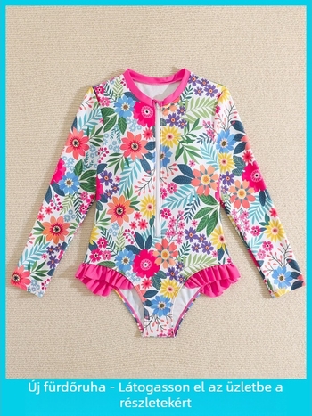 Lányoknak tervezett hosszú ujjú napvédő úszóruha, törött virág mintázat, 82% poliészter, 18% spandex bélés, 150 g súly, alkalmas úszásra és vízi sportokra