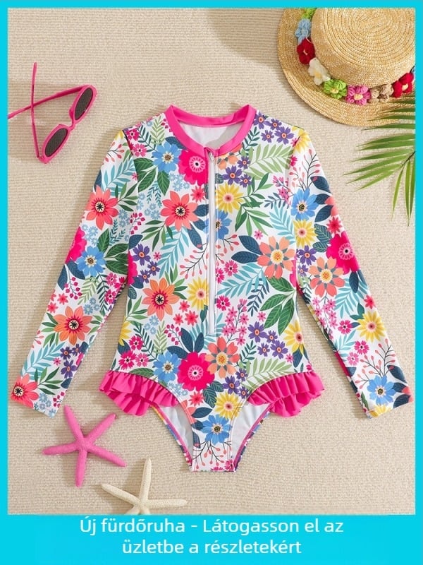 Lányoknak tervezett hosszú ujjú napvédő úszóruha, törött virág mintázat, 82% poliészter, 18% spandex bélés, 150 g súly, alkalmas úszásra és vízi sportokra