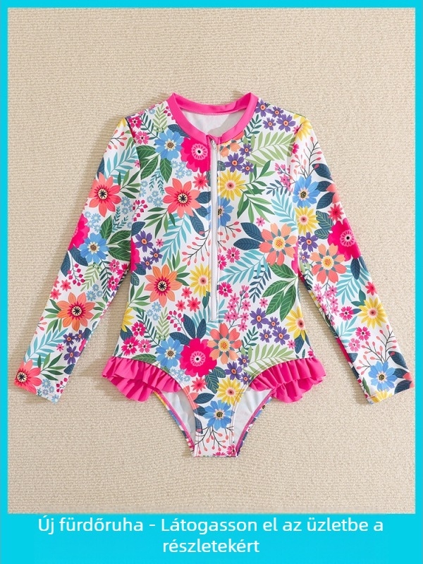 Lányoknak tervezett hosszú ujjú napvédő úszóruha, törött virág mintázat, 82% poliészter, 18% spandex bélés, 150 g súly, alkalmas úszásra és vízi sportokra