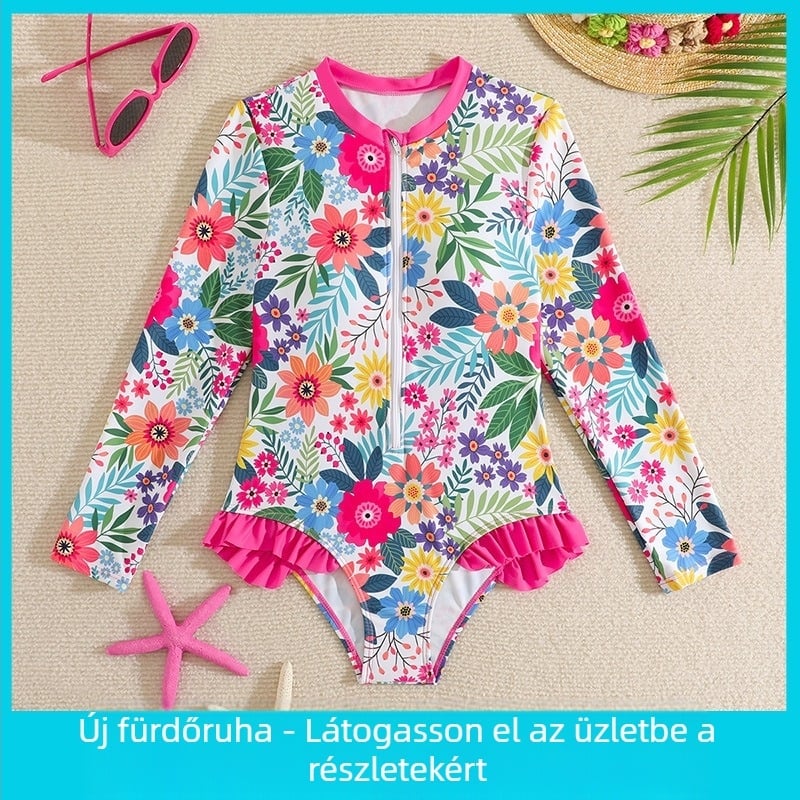 Lányoknak tervezett hosszú ujjú napvédő úszóruha, törött virág mintázat, 82% poliészter, 18% spandex bélés, 150 g súly, alkalmas úszásra és vízi sportokra