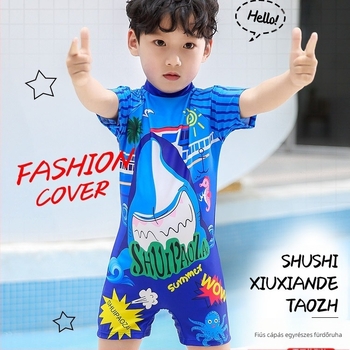 Fiúknak szóló egydarabos rövid ujjú fürdőruha és sapka, napvédelmet nyújtó, 3–10 éveseknek, poliészterből, bélés poliészter, koreai stílusú rajzfilmszerű minta, magas rugalmasság