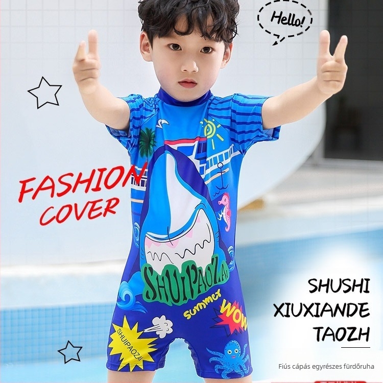 Fiúknak szóló egydarabos rövid ujjú fürdőruha és sapka, napvédelmet nyújtó, 3–10 éveseknek, poliészterből, bélés poliészter, koreai stílusú rajzfilmszerű minta, magas rugalmasság