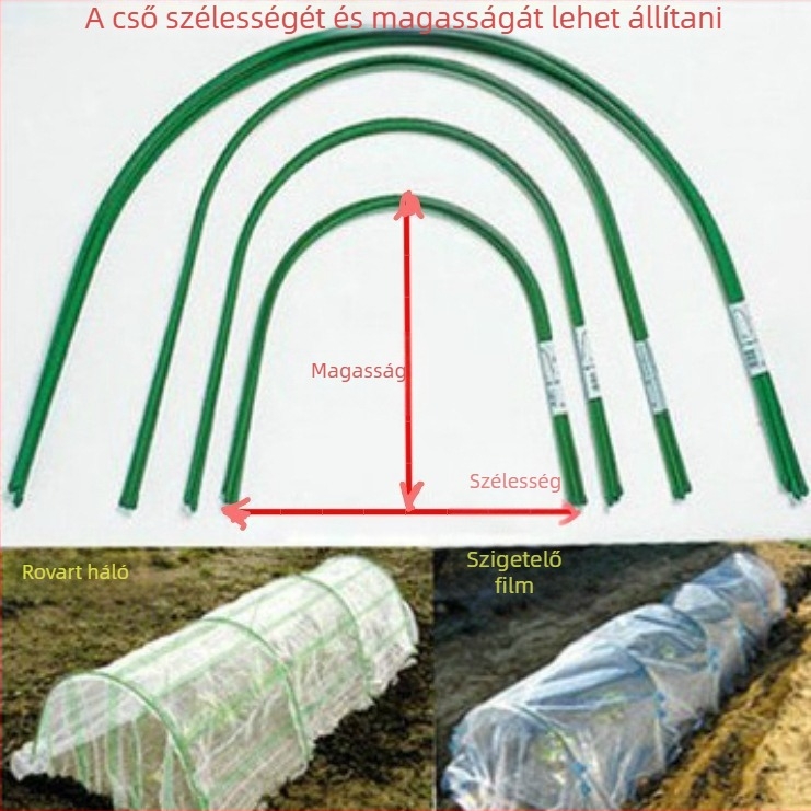 Deyihe műanyag bevonatú könyökös üvegházi tartó ívelt keretekhez; anyag: műanyag bevonat vascső; használat: kertészkedés, virágos terek, meleg helyiségek, üvegház