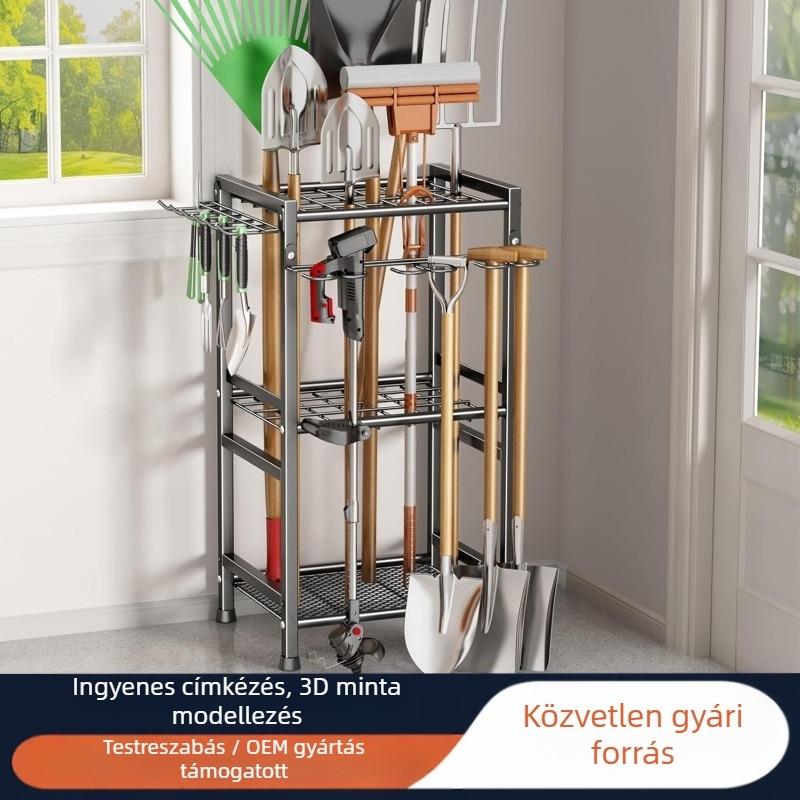 Kerti szerszámok tárolója – 3 szintes, vasból készült, padlóra szerelhető, hordozható tároló kültéri kempingezéshez és nappali tároláshoz.