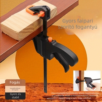 F-típusú famegmunkáló szorító gyors derékszögű rögzítéssel és trigger mechanizmussal, erős szorítóerő