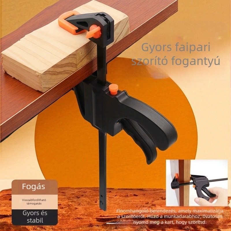 F-típusú famegmunkáló szorító gyors derékszögű rögzítéssel és trigger mechanizmussal, erős szorítóerő