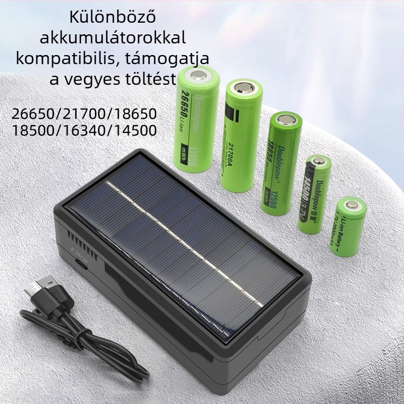 Napelemes okos kettős töltő Li-ion 18650/26650 akkumulátorokhoz, bemenet 5V, kimenet 4.2V/1.2A, CE tanúsítvány