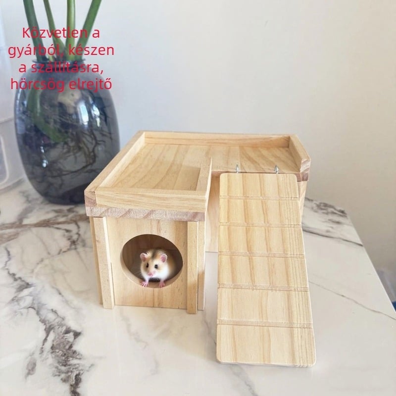 Fából készült hörcsögház létrával, platformmal és labirintus alagúttal - MUxun hörcsög tartozékok, tömeg 530 g