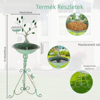 Kültéri vasból készült madárfürdő, szabadon álló madáritató kerthez és gyephez, félig manuális és félig mechanikus kivitel