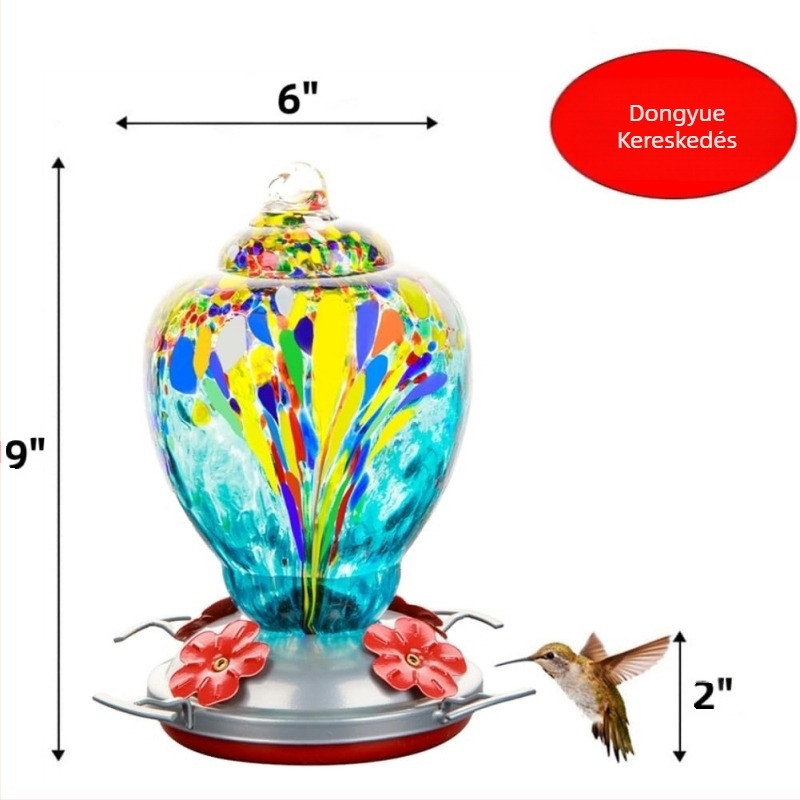 Üveg kolibri itató madáretető hangyák elleni kampóval és festett üveg/plasztik virággal